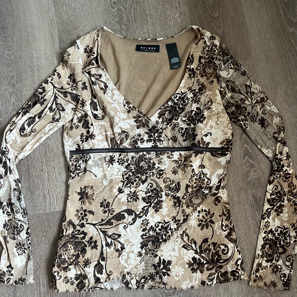 Axcess Cream and Black Wrap Blouse Long Sleeve